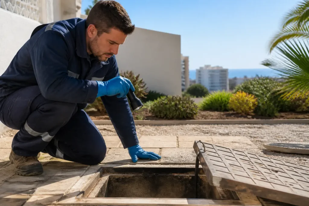 Técnico inspeccionando la tapa abierta de una arqueta de saneamiento en una vivienda de Torrevieja.