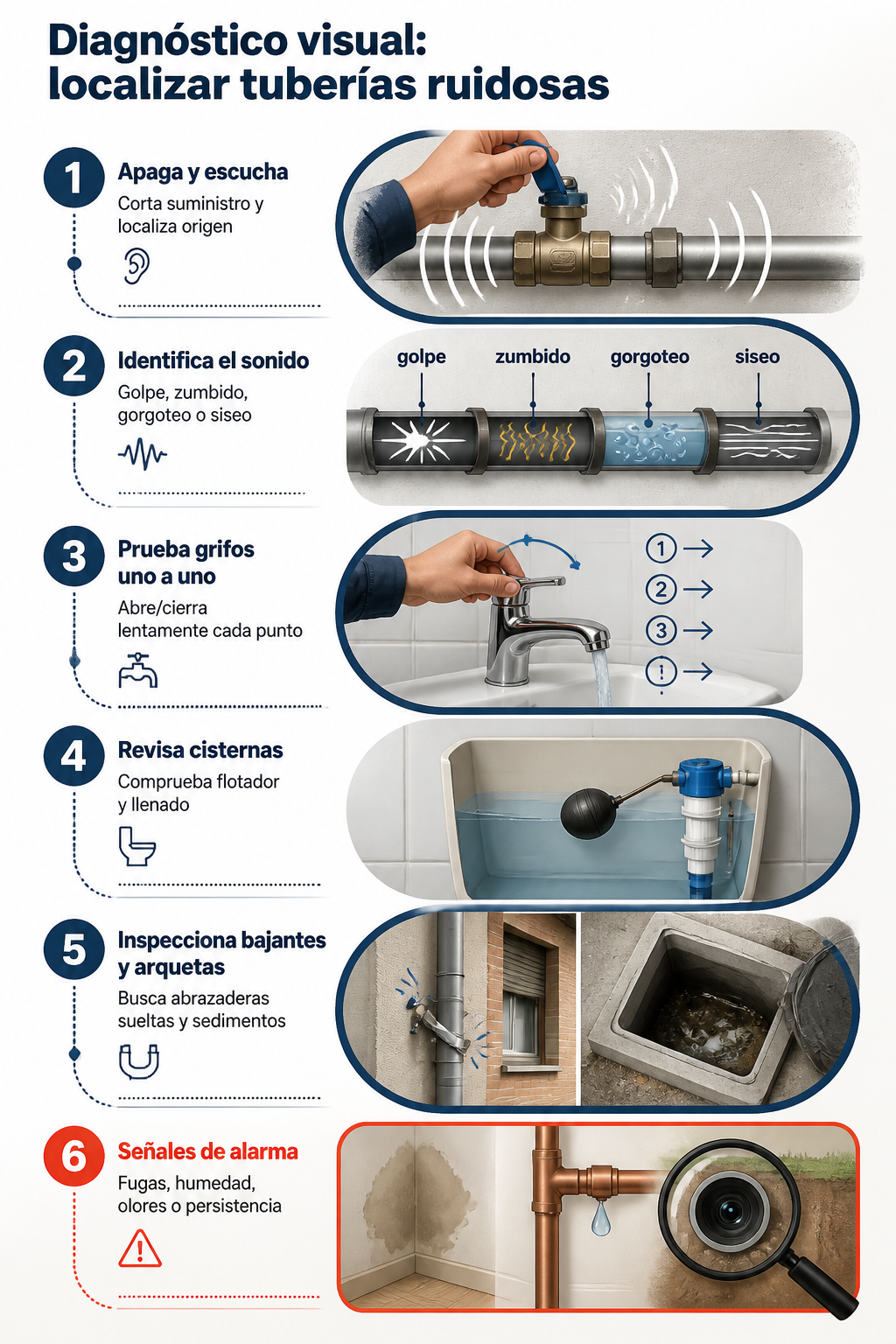 Infografía en recorrido paso a paso para diagnosticar tuberías que hacen ruido: apagar suministro, distinguir el tipo de sonido, probar grifos, revisar cisternas, comprobar bajantes y arquetas, y detectar señales de alarma como fugas o humedad.