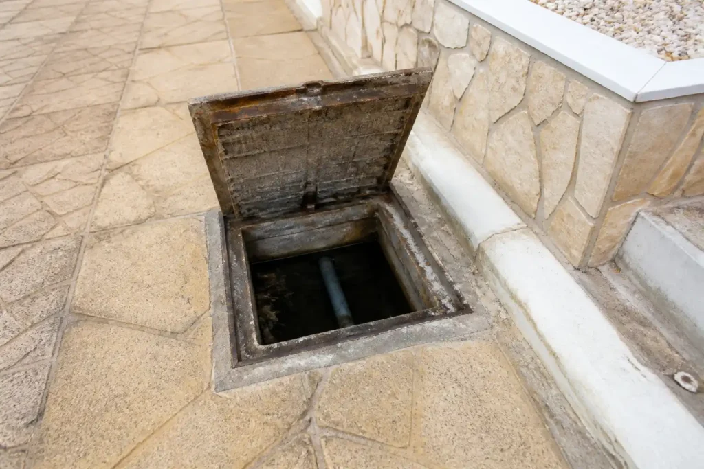 Arqueta abierta con agua estancada y sedimentos en zona residencial