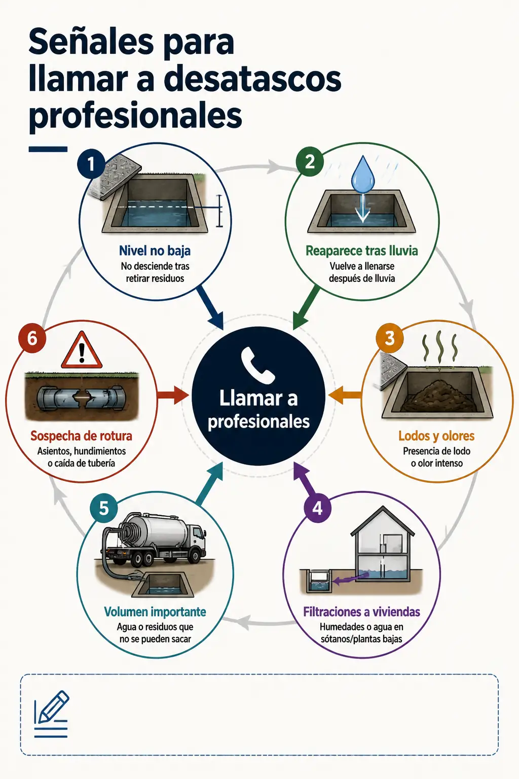 Infografía radial que muestra seis señales claras —nivel que no baja, reaparición tras lluvia, lodos y olores, filtraciones a viviendas, volumen importante y sospecha de rotura— que indican cuándo es necesario llamar a desatascos profesionales.
