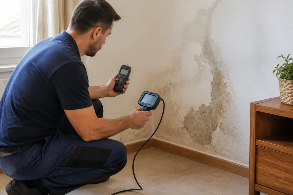 Técnico inspeccionando una pared con manchas de humedad usando medidor de humedad y cámara de inspección en vivienda de Torrevieja.