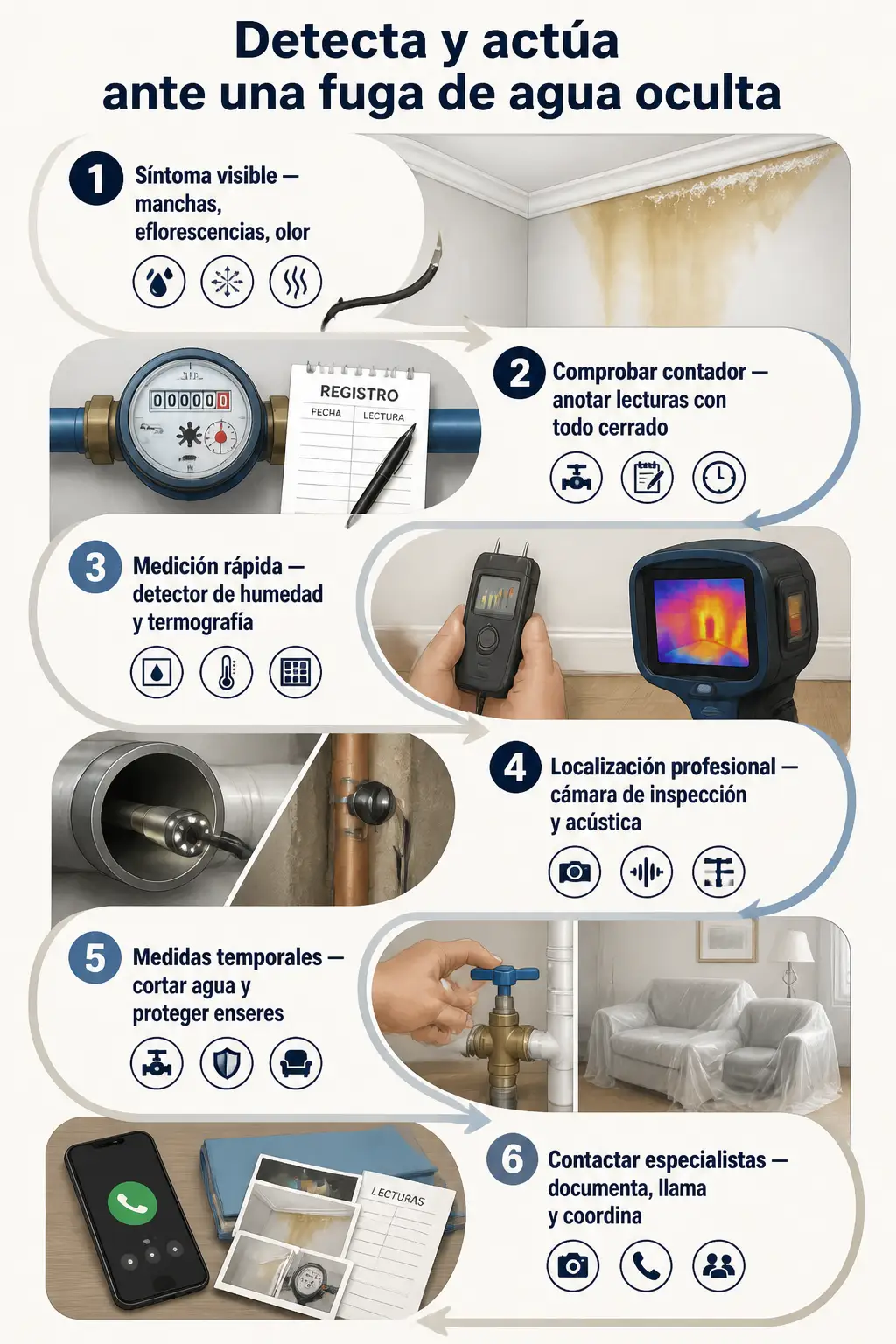 Infografía paso a paso con seis bloques que muestra: identificar manchas u olor, comprobar el contador, hacer medición rápida con detector, localizar con cámara y acústica, tomar medidas temporales (cortar agua) y contactar a especialistas, orientada a propietarios en Torrevieja. Fuga de agua oculta