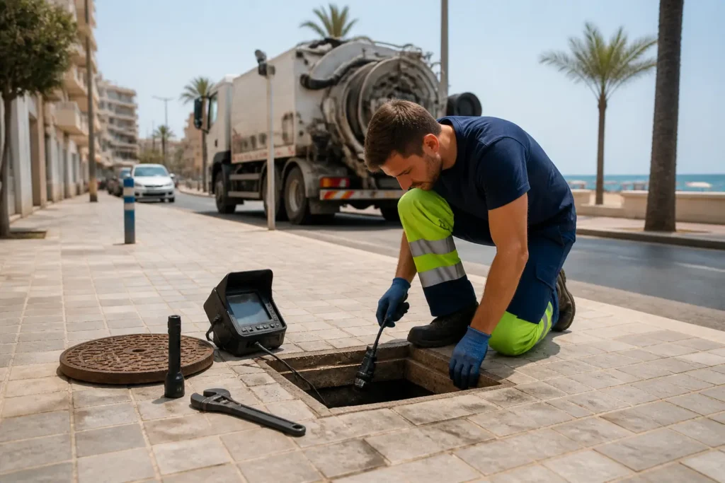 Técnico inspeccionando una arqueta abierta en una calle costera, con herramientas y camión de servicio al fondo.