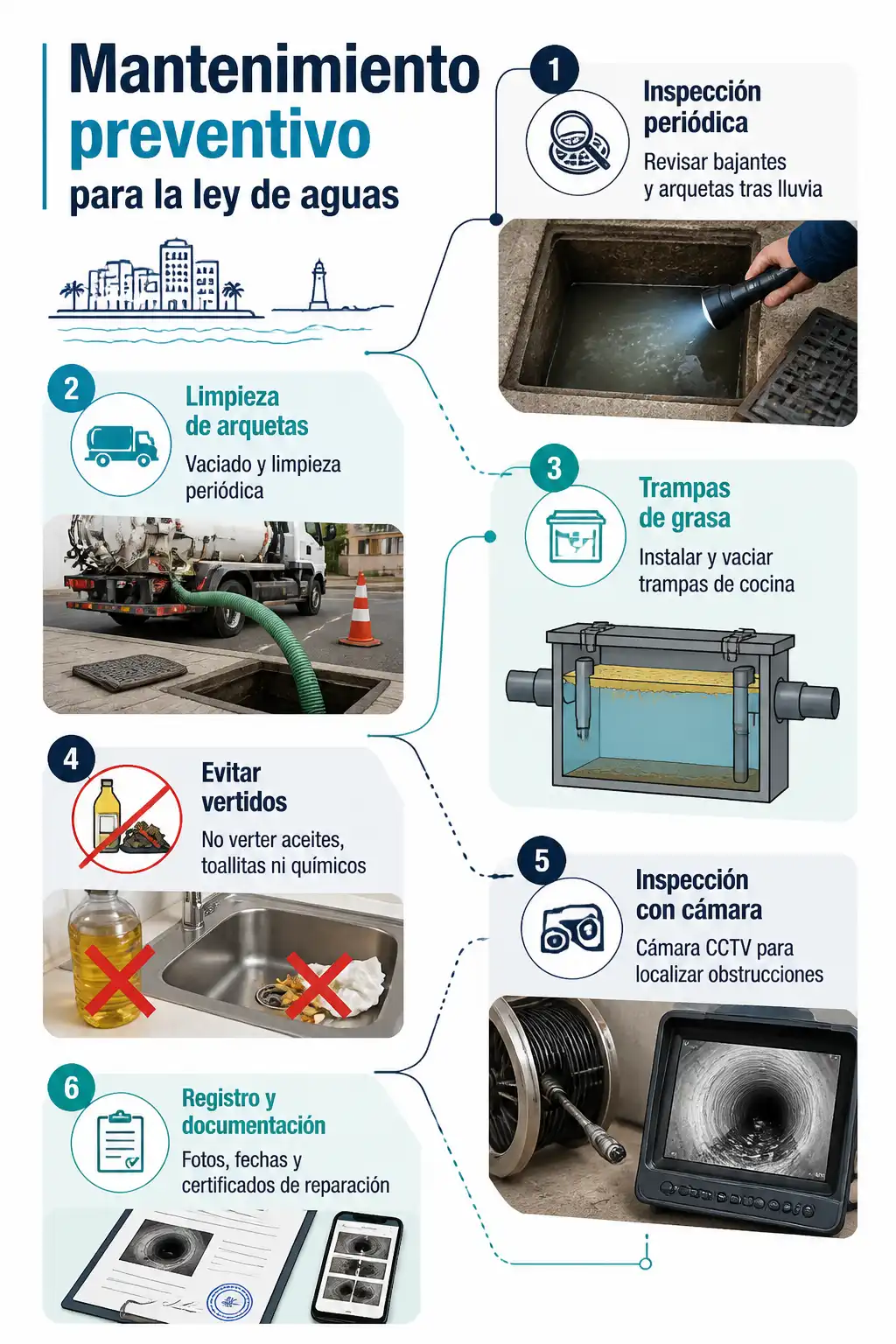 Infografía con seis tarjetas que resumen el mantenimiento preventivo exigible por la ley de aguas en Torrevieja: inspección de bajantes, limpieza y vaciado de arquetas con camión cuba, trampas de grasa, evitar vertidos, inspección con cámara y registro documental.