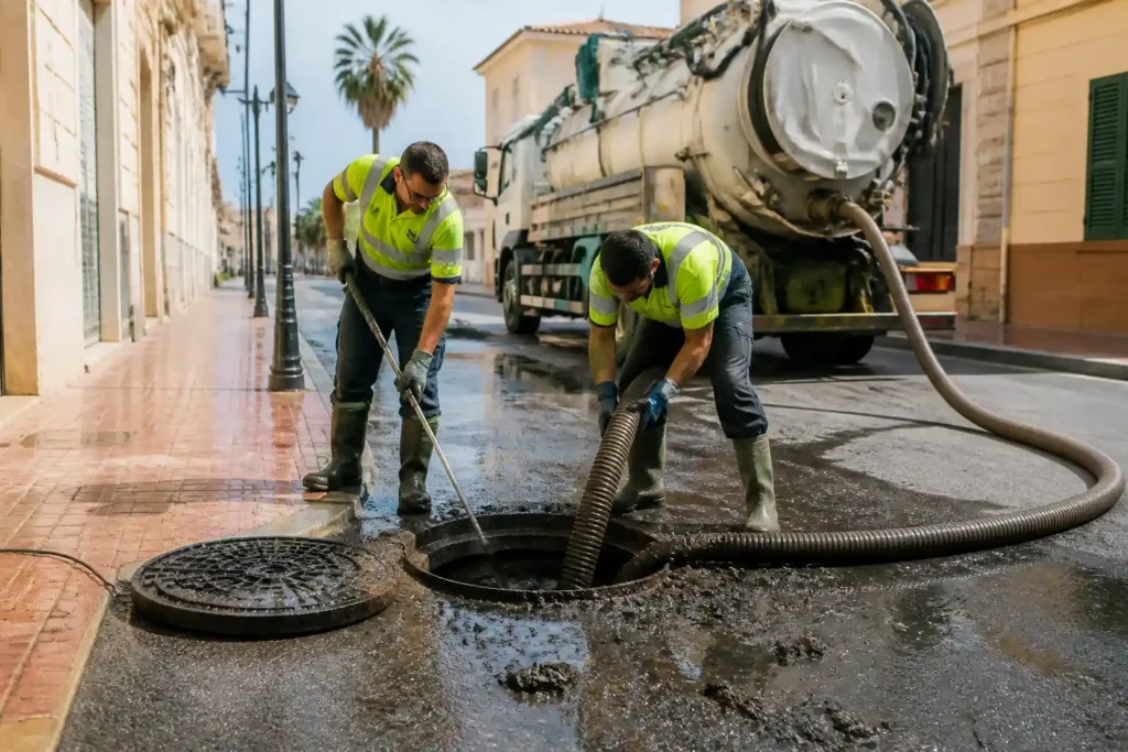 Técnicos con camión cuba limpiando una arqueta en una calle de Torrevieja.