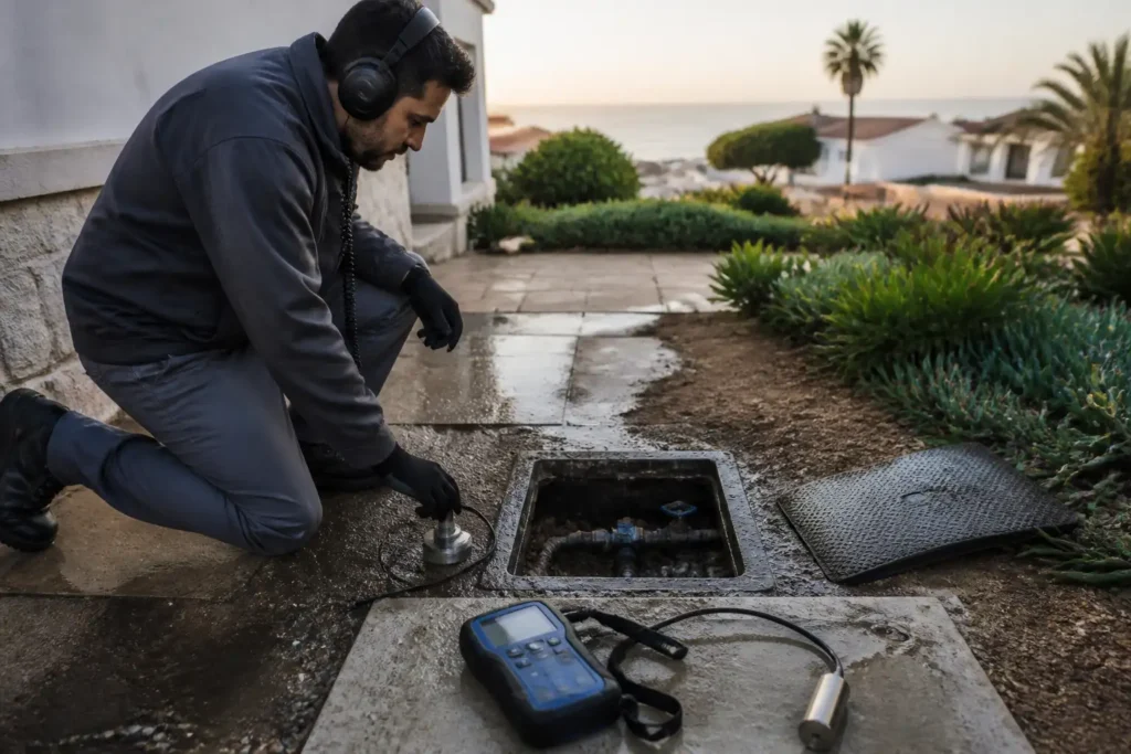 Técnico inspeccionando suelo húmedo junto a una arqueta abierta con herramientas de detección en primer plano.