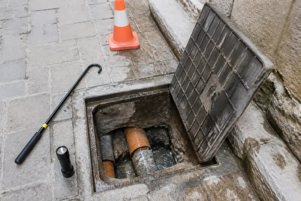 Arqueta de registro abierta en calle urbana mediterránea mostrando interior y tapa retirada.